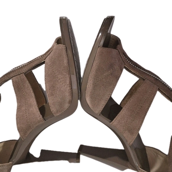 Michael Kors Berkley T Strap Zip Up Taupe Suede Leather Sandal Heels Size 8 M - Picture 7 of 13